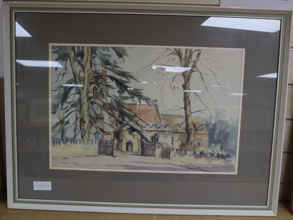 David Green (1935-2013), watercolour, St Jamess Church, Biddenham, Bedfordshire, signed and dated 1978, 33 x 50cm